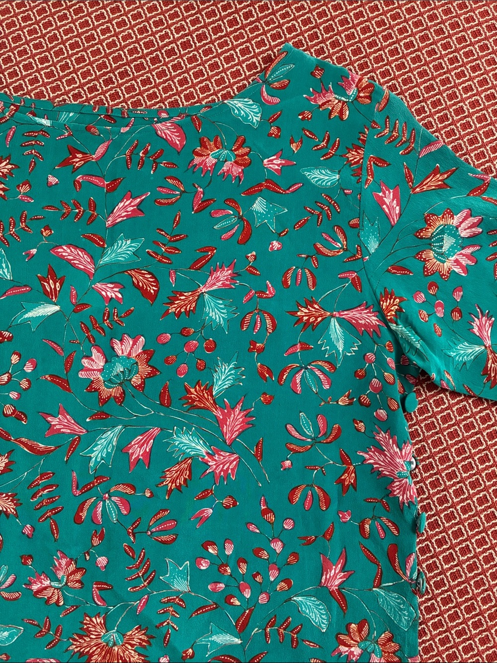 Women’s Teal Floral Short-Sleeve Top - Red Accents